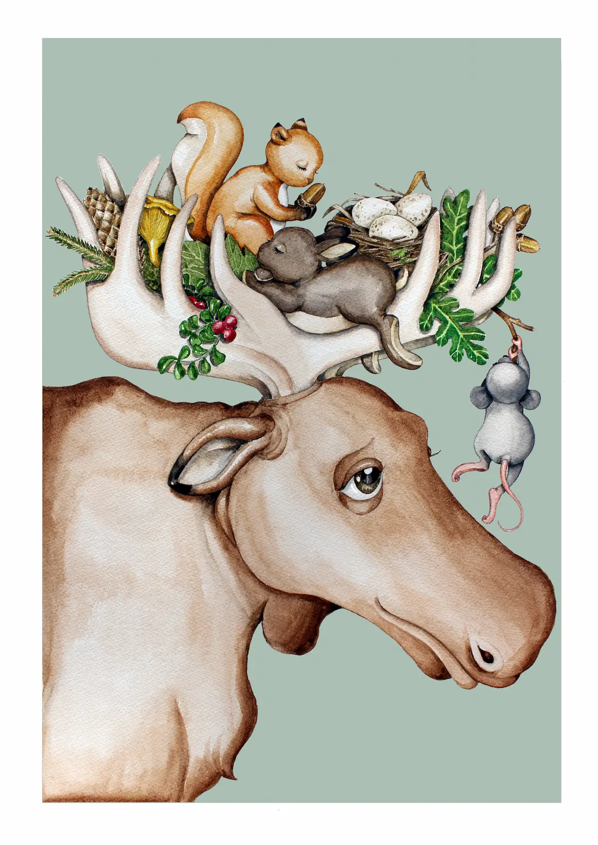 Illustration i akvarell av skogens djur, en älg med flera mindre djur i sin krona