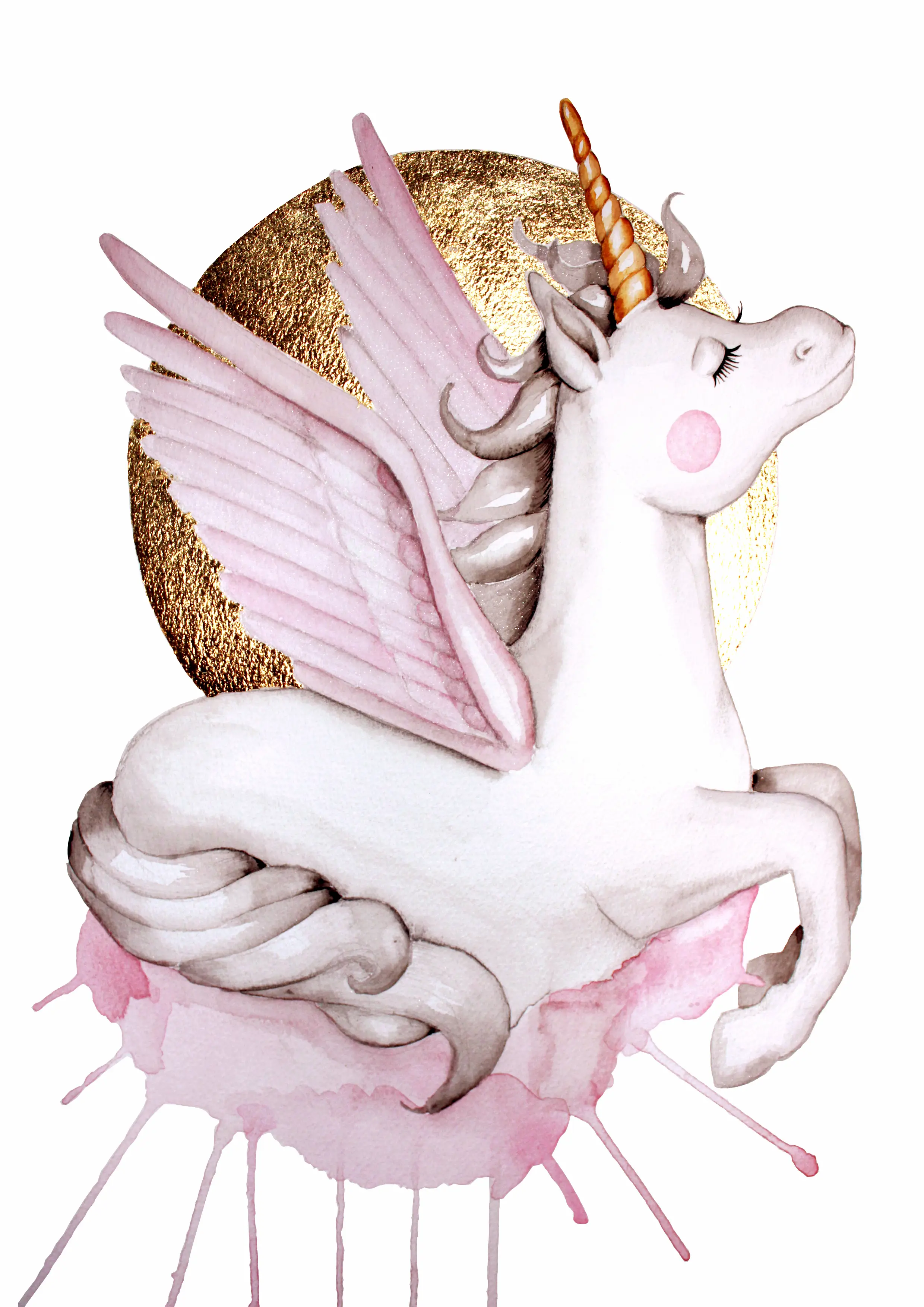 Illustration i akvarell av en enhörning, vit med rosa man